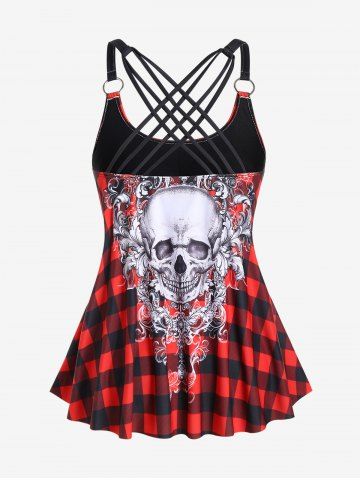 Gothic Skull Plaid Padded Boyleg Strappy Modest Tankini Swimsuit