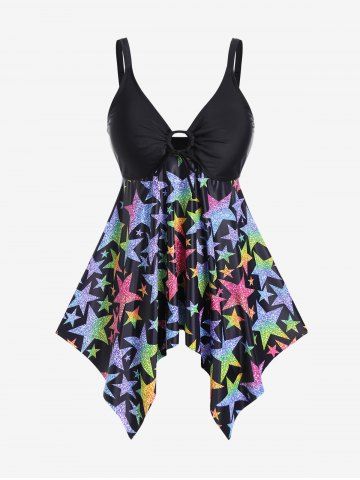 Plus Size O-ring Backless Star Printed Handkerchief Boyleg Padded Tankini Swimsuit - MULTI-A - M | US 10