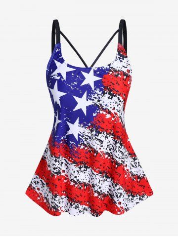 Plus Size Patriotic American Flag Printed Cutout Padded Tankini Top Swimsuit - MULTI - L | US 12