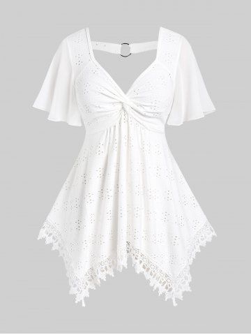 Plus Size Lace Handkerchief Hem Twist Broderie Anglaise Butterfly Sleeve Top - WHITE - 4X | US 26-28