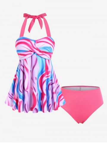 Plus Size Halter Tie Dye Twist Tankini Swimsuit - LIGHT PINK - L
