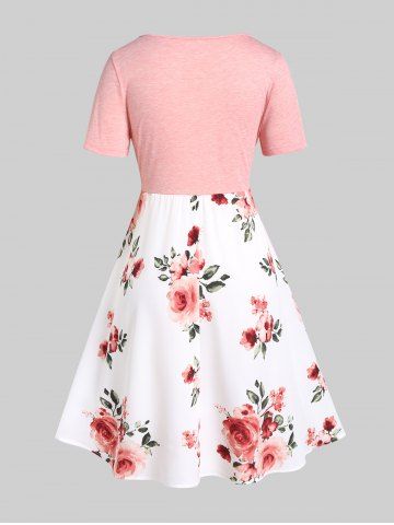 Plus Size Floral Printed Cinched Short Sleeves A Line Dress