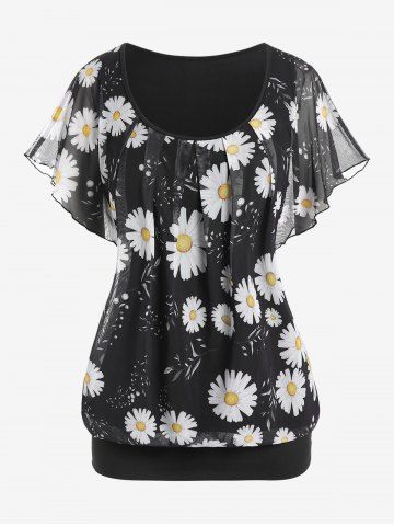 Plus Size Daisy Mesh Overlay Flutter Sleeves Blouson Tee - BLACK - L | US 12