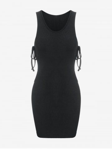 Ribbed Cutout Tied Short Dress - BLACK - S