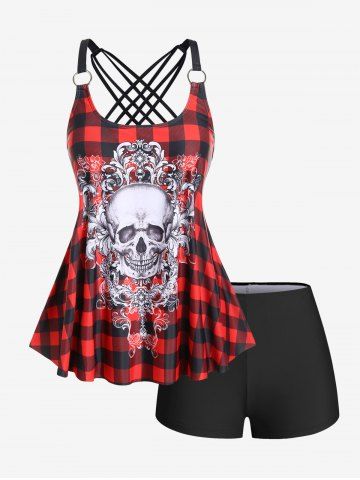 Gothic Skull Plaid Padded Boyleg Strappy Modest Tankini Swimsuit - RED - 2X | US 18-20