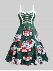 Plus Size Lace Up Gift Cat Print Christmas Dress -  