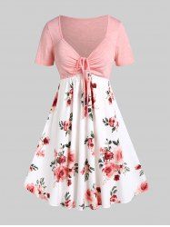 Plus Size Floral Printed Cinched Short Sleeves A Line Dress -  