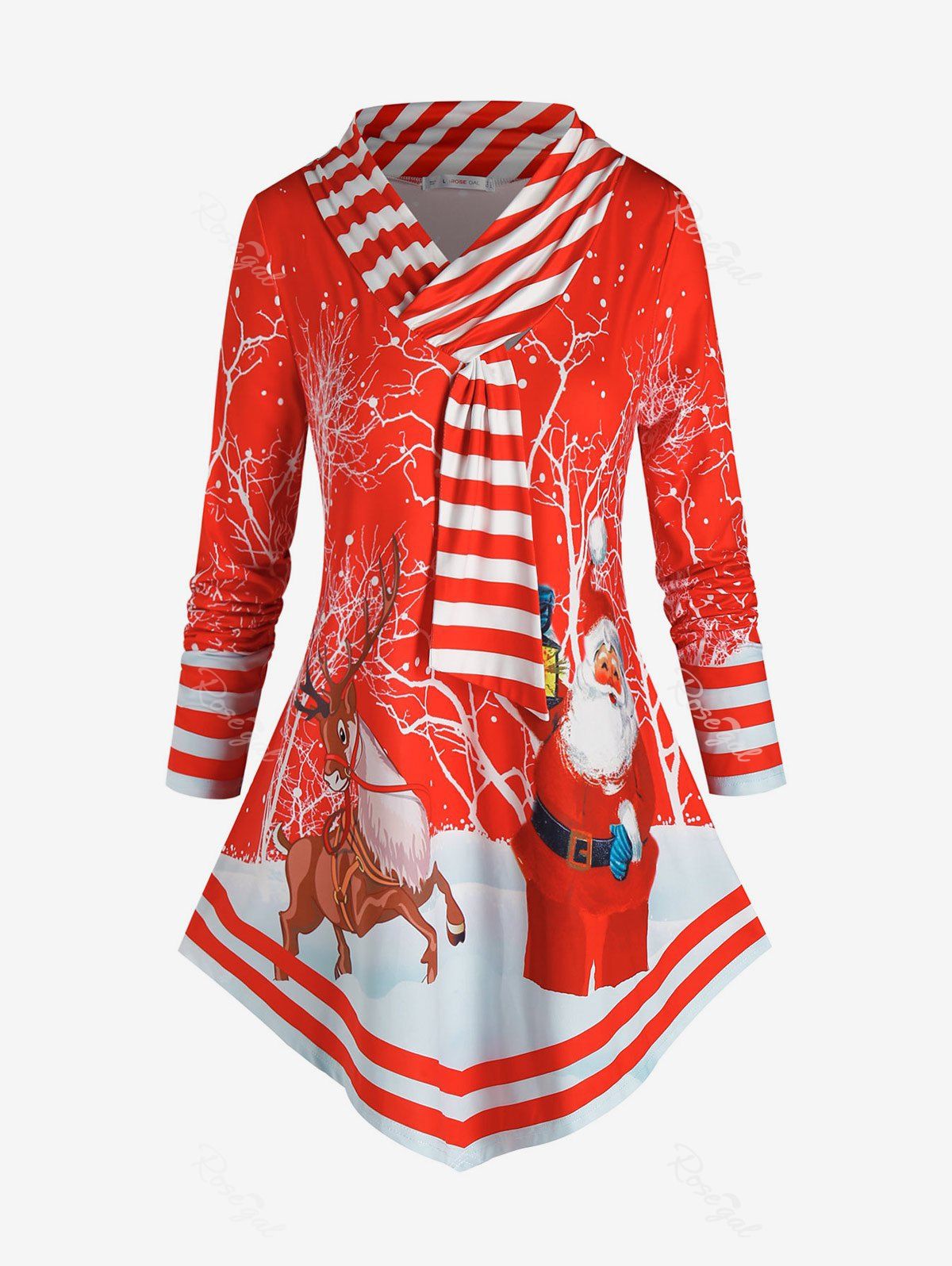 T-shirt Tunique Rayé Père Noël et Cerf Imprimés de Grande Taille Rouge 1X