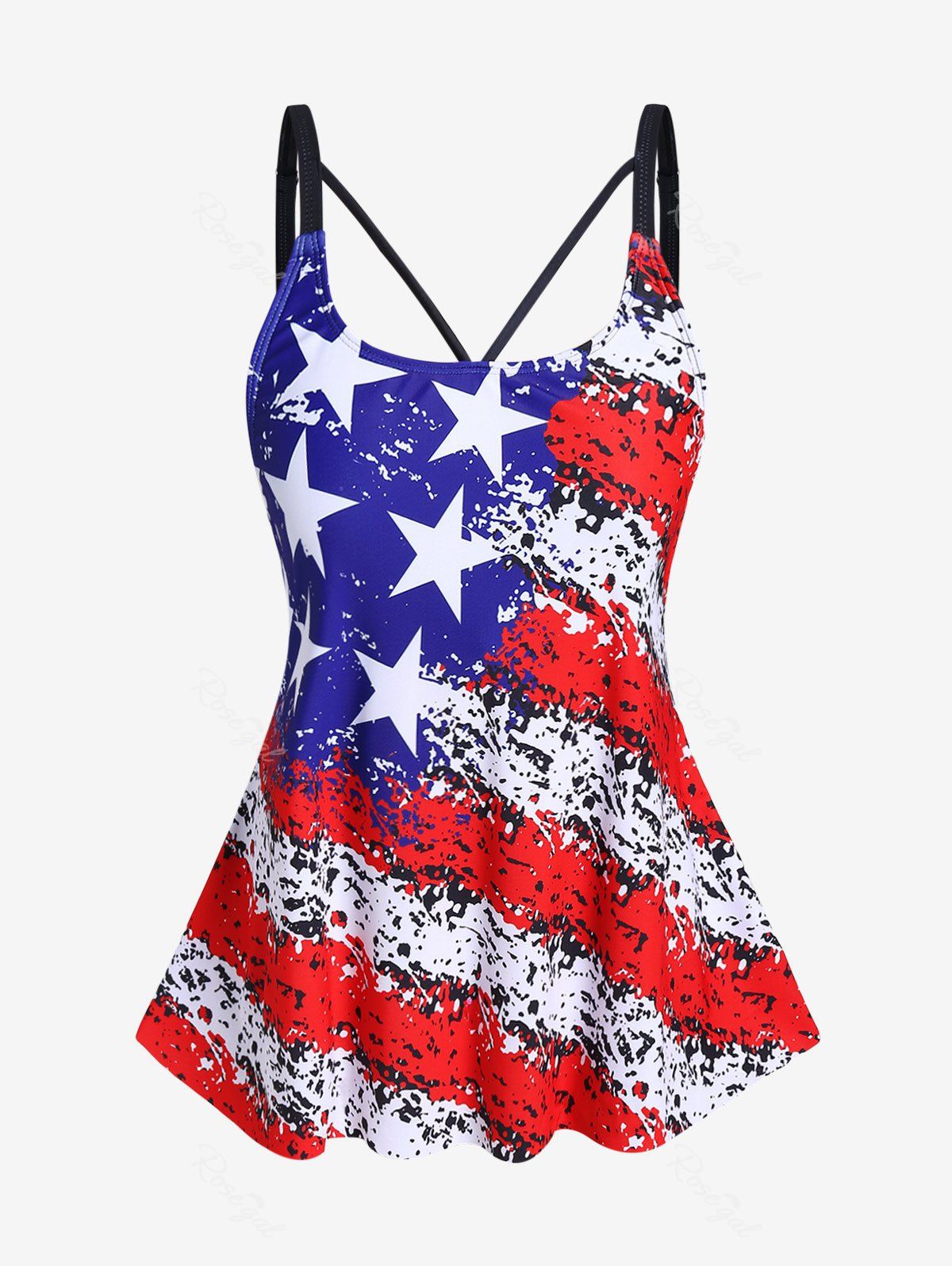 Fashion Plus Size Patriotic American Flag Printed Cutout Padded Tankini Top Swimsuit  