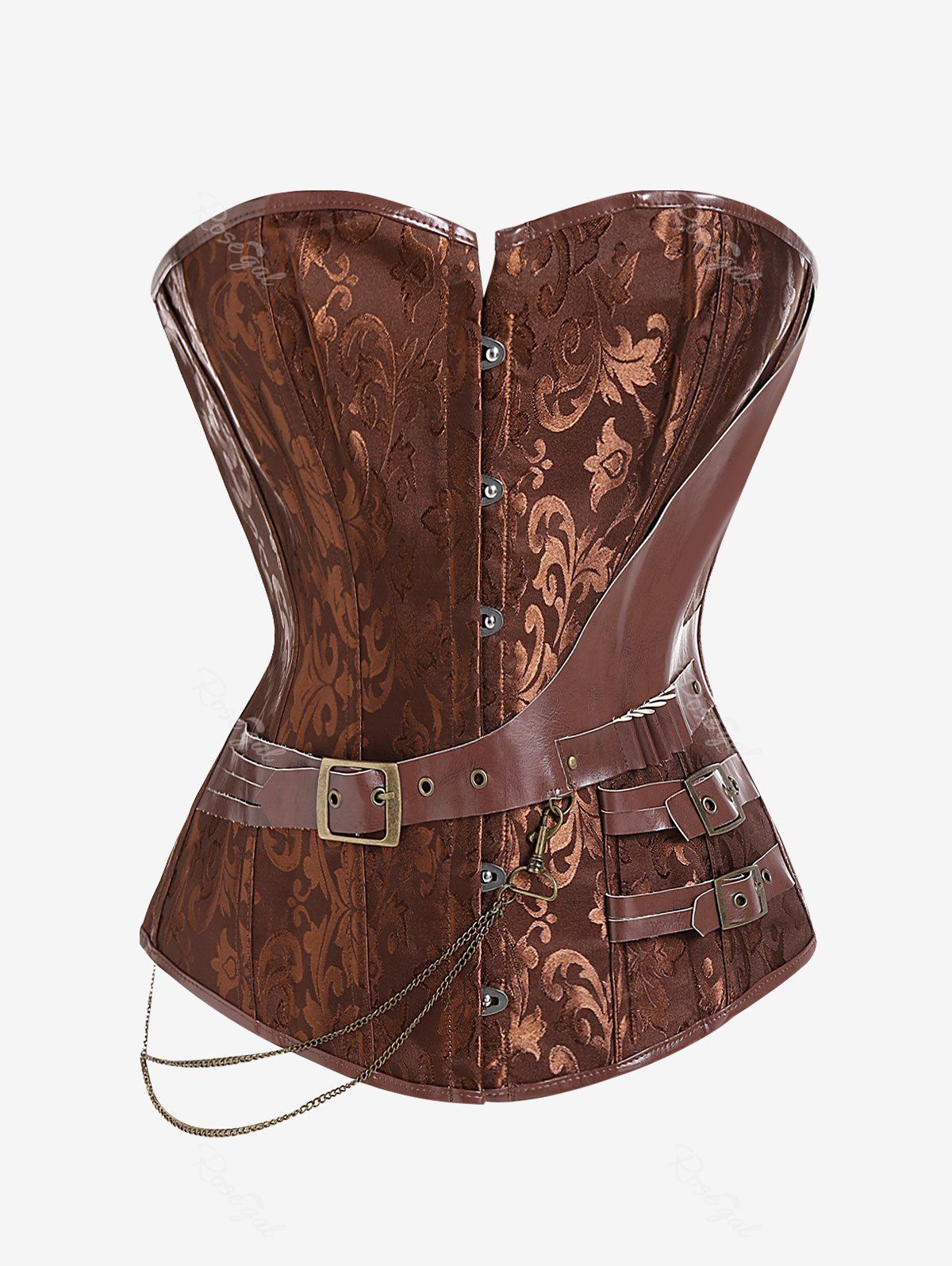 Unique Gothic PU Leather Panel Buckled Chain Embellish Brocade Corset  