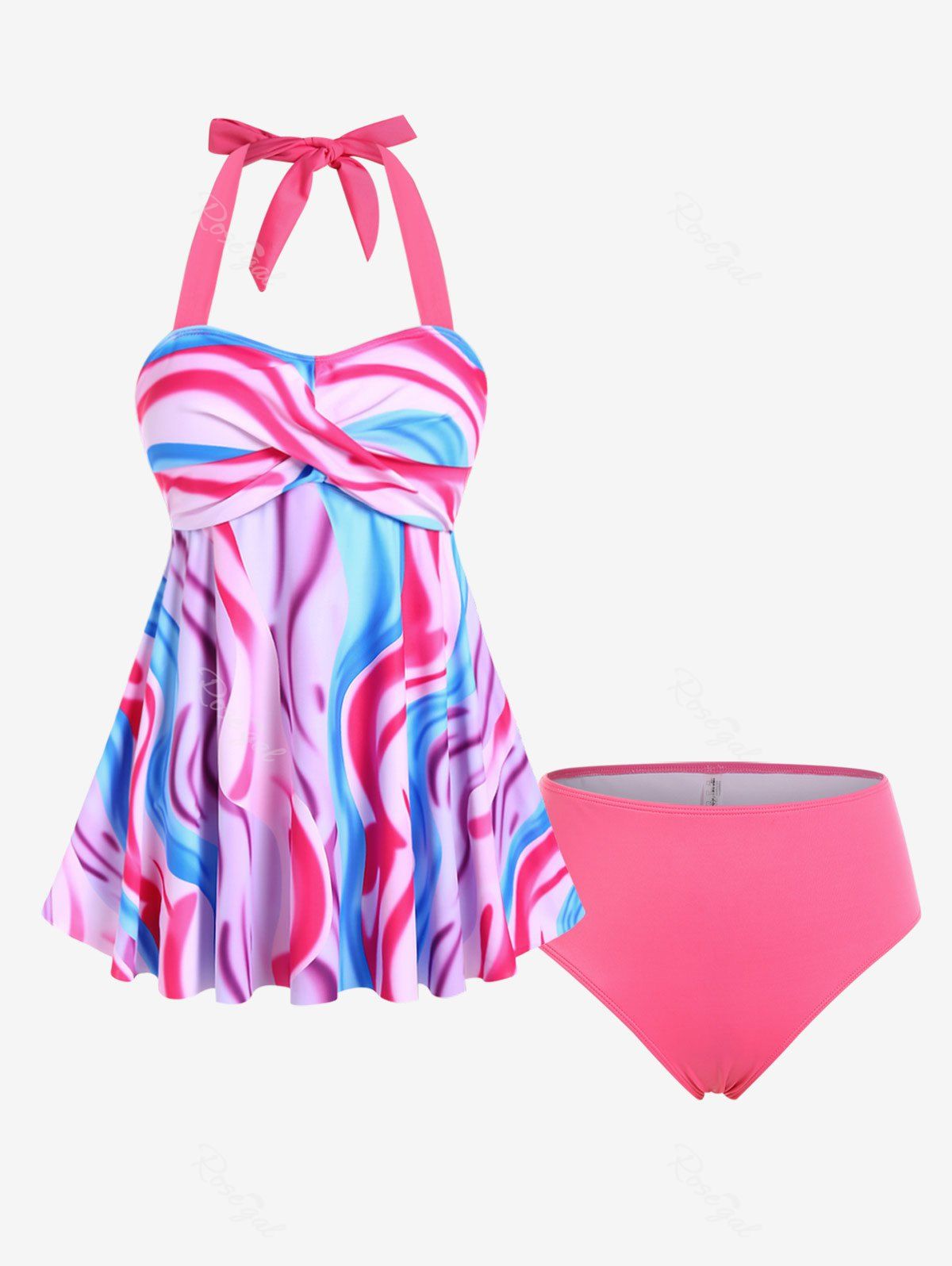 Sale Plus Size Halter Tie Dye Twist Tankini Swimsuit  