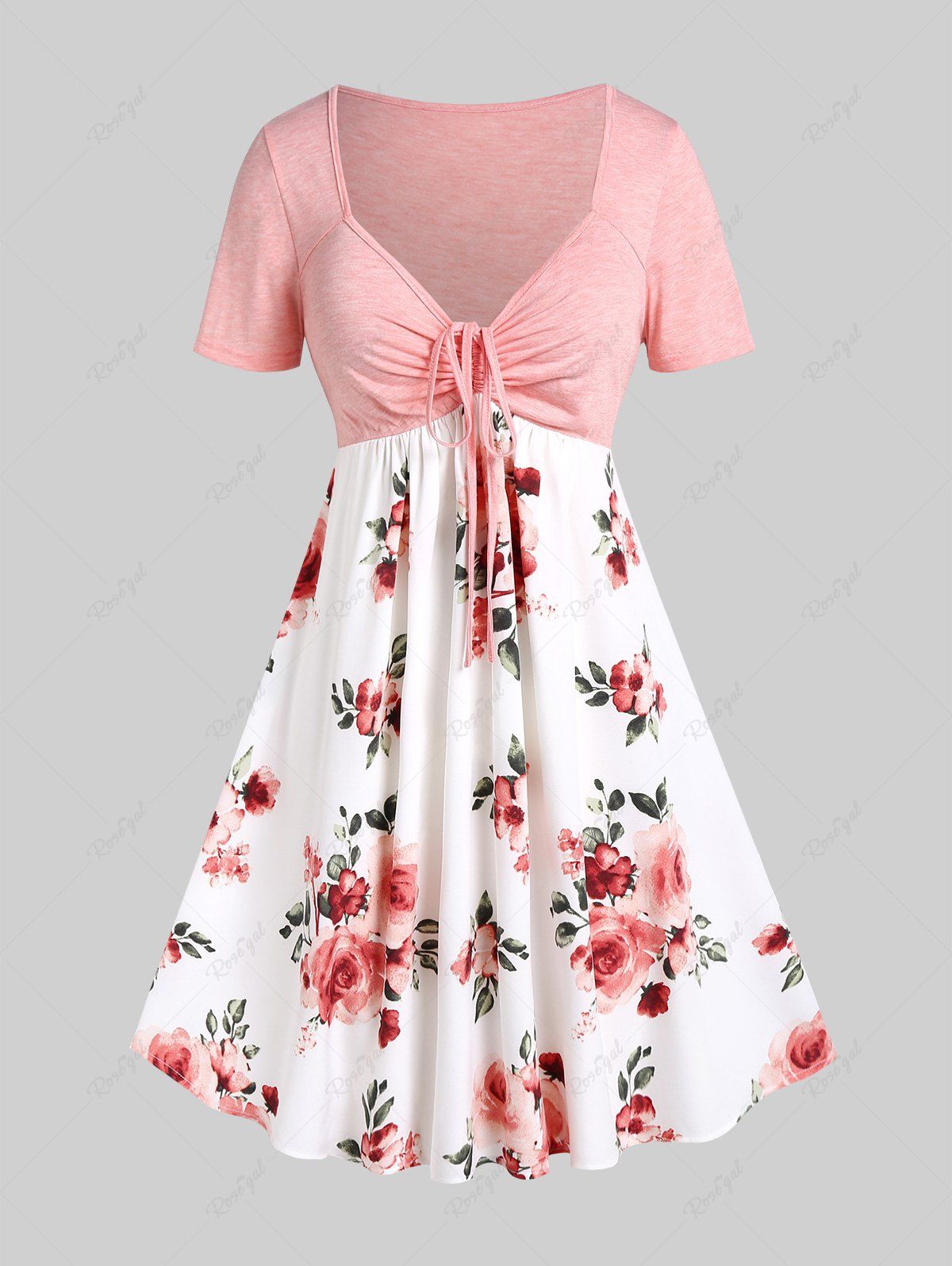 Chic Plus Size Floral Printed Cinched Short Sleeves A Line Dress  