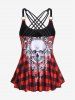 Maillot de Bain Tankini Gothique à Carreaux Crâne sans Dos à Bretelle - Rouge L | US 12