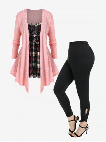 Frilled Plaid Lace-up Textured Knit Twofer Top and Twist Skinny Leggings Plus Size Outfit - LIGHT PINK