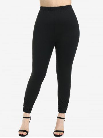 Frilled Plaid Lace-up Textured Knit Twofer Top and Twist Skinny Leggings Plus Size Outfit