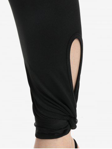 Frilled Plaid Lace-up Textured Knit Twofer Top and Twist Skinny Leggings Plus Size Outfit