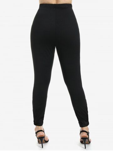 Frilled Plaid Lace-up Textured Knit Twofer Top and Twist Skinny Leggings Plus Size Outfit