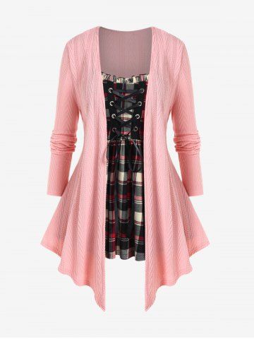 Frilled Plaid Lace-up Textured Knit Twofer Top and Twist Skinny Leggings Plus Size Outfit