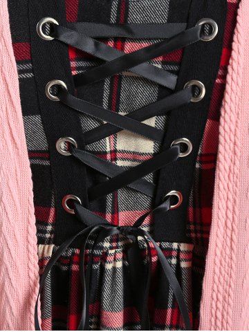 Frilled Plaid Lace-up Textured Knit Twofer Top and Twist Skinny Leggings Plus Size Outfit