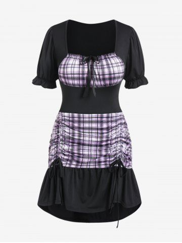 Plus Size Plaid Panel Bowknot Cinched Ruched Bodycon Dress - BLACK - 2X | US 18-20