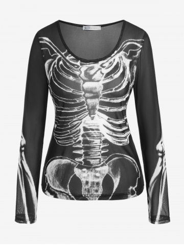 Haut Gothique à Imprimé Squelette Semi-Transparent en Tulle à Manches Longues - BLACK - 1X | US 14-16