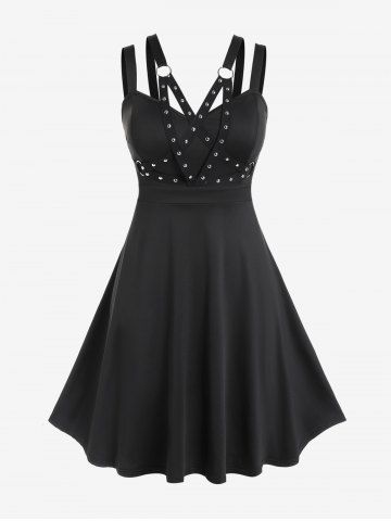 Plus Size Rivets O-ring Backless Strappy A Line Dress - BLACK - L | US 12