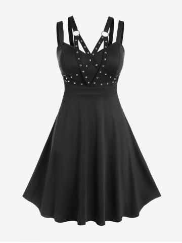 Plus Size Rivets O-ring Backless Strappy A Line Dress - BLACK - 4X | US 26-28
