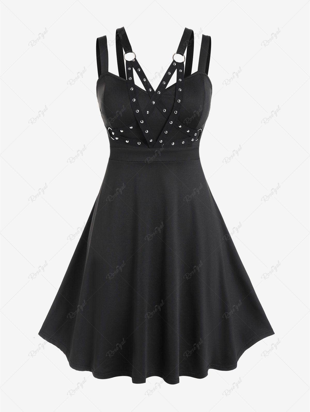 Hot Plus Size Rivets O-ring Backless Strappy A Line Dress  