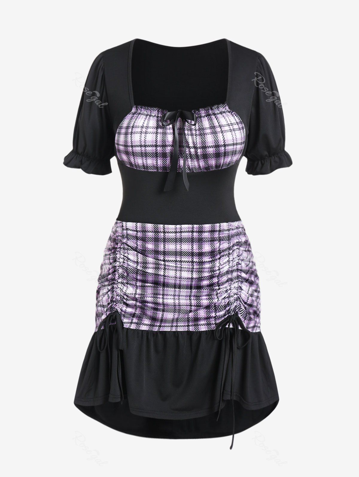 Online Plus Size Plaid Panel Bowknot Cinched Ruched Bodycon Dress  