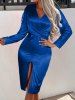 Robe de Soirée Croisée avec Nœud Papillon à Fente Haute à Manches Longues en Satin - Bleu M