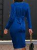 Robe de Soirée Croisée avec Nœud Papillon à Fente Haute à Manches Longues en Satin - Bleu M
