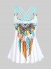 Plus Size Feather Print Crisscross Strappy Back Rings Boyshorts Tankini Swimsuit -  