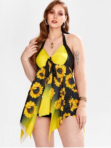 Plus Size Sunflower Ombre Handkerchief Padded Boyleg Tankini Swimsuit - YELLOW - L | US 12