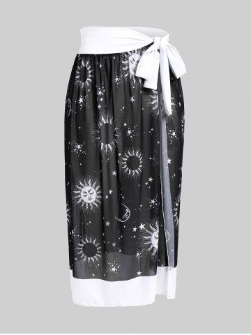 Plus Size Sun Star Moon Print Mesh Tie Side Sarong - BLACK - M | US 10