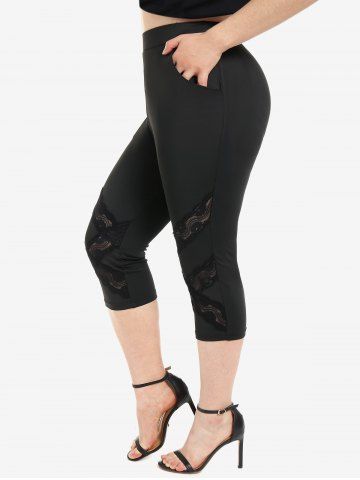 Plus Size Lace Panel Capri Leggings with Pocket - BLACK - M | US 10