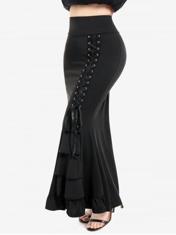 Plus Size Lace-up High Rise Flounce Mermaid Maxi Skirt - BLACK - L | US 12