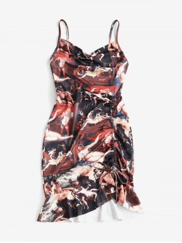 Cinched Cowl Front Renaissance Print Mermaid Dress - DEEP COFFEE - S