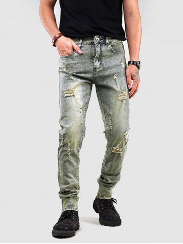 Distressed Bleach Wash Jeans - LIGHT BLUE - 32