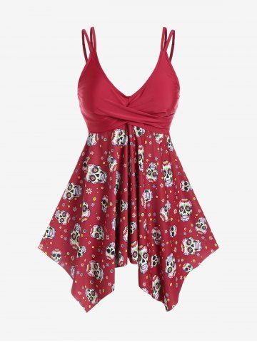 Plus Size Skulls Printed Backless Padded Handkerchief Tankini Swimsuit - RED - L