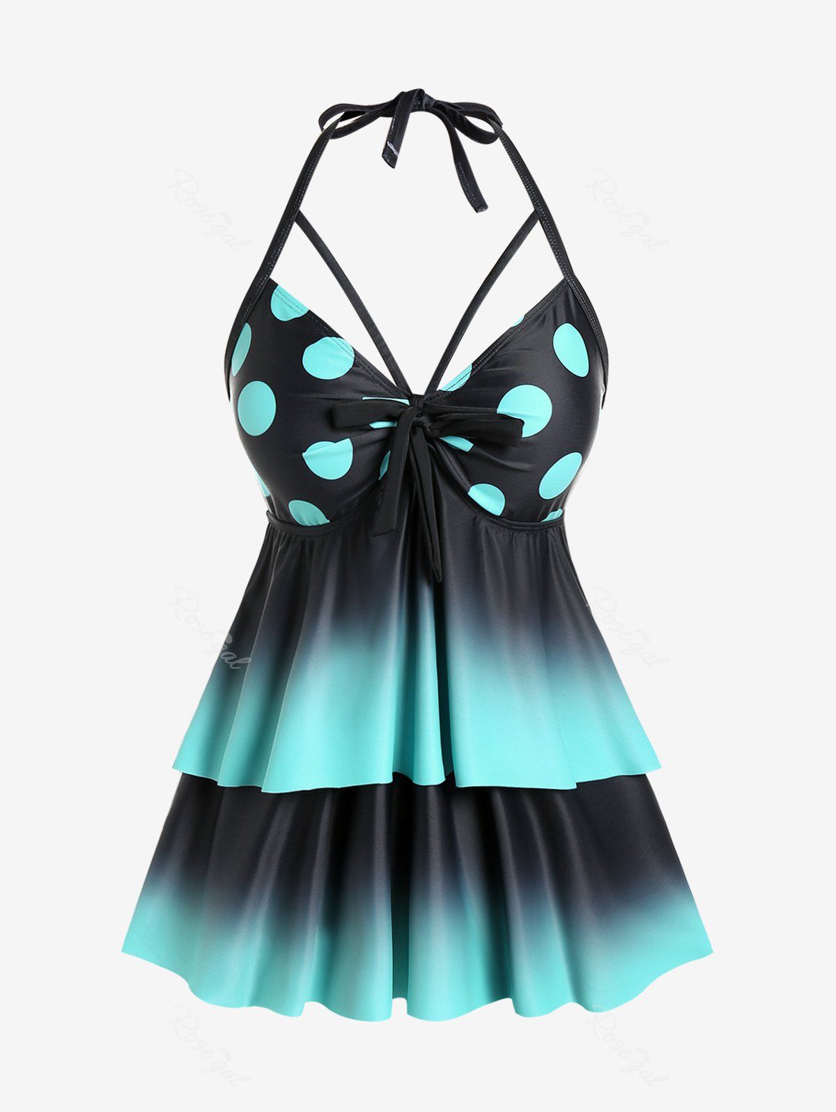 Hot Plus Size Halter Polka Dot Ombre Bow Layered Tankini Top  