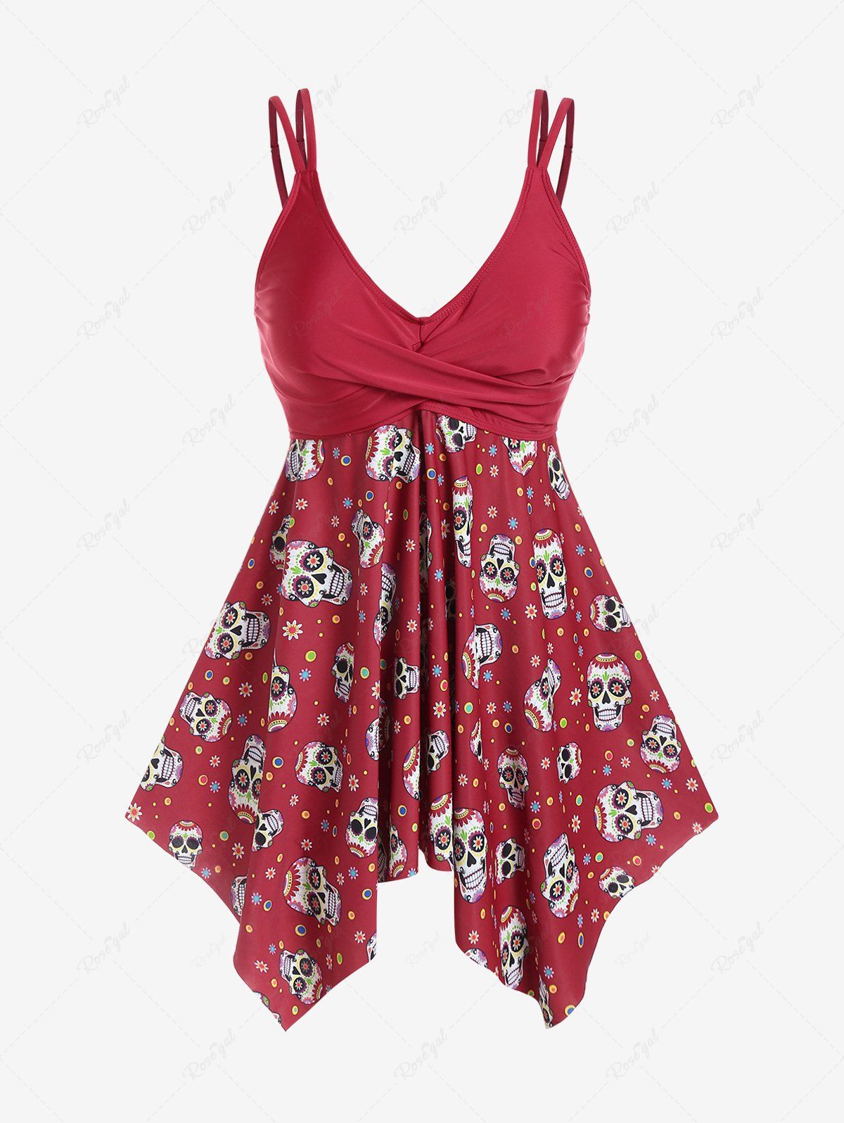 Outfit Plus Size Skulls Printed Backless Padded Handkerchief Tankini Swimsuit  