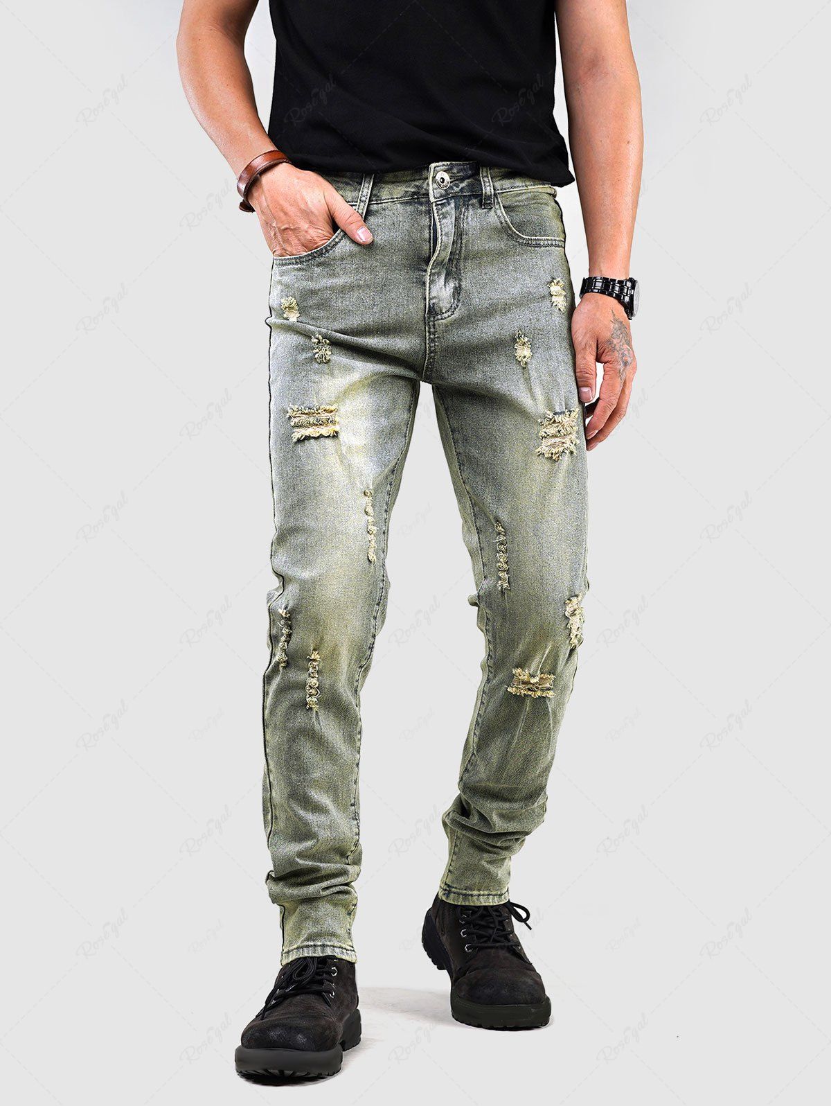 Online Distressed Bleach Wash Jeans  