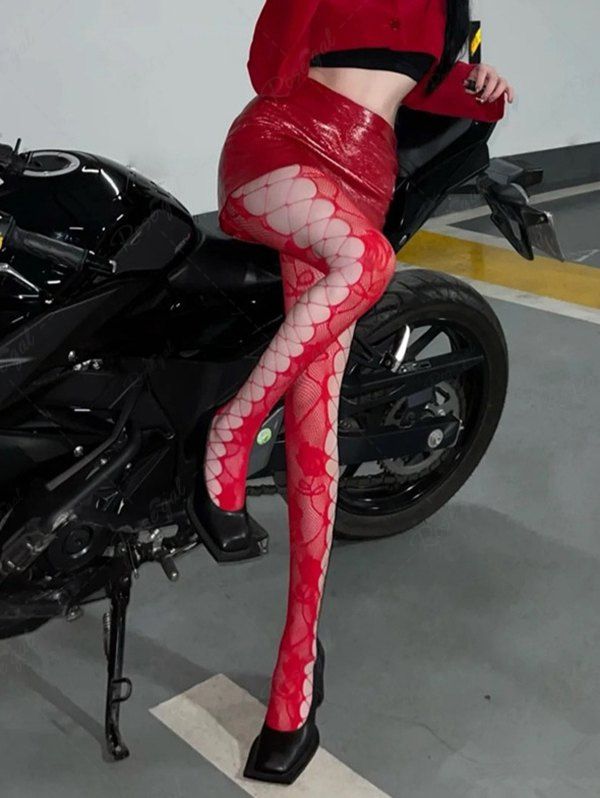 Collants Transparents en Filet Découpé à Côté Rouge 