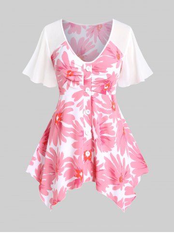 Plus Size Floral Buttoned Handkerchief Hem Chiffon Butterfly Sleeve Top - LIGHT PINK - M | US 10