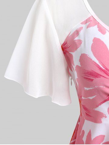 Plus Size Floral Buttoned Handkerchief Hem Chiffon Butterfly Sleeve Top