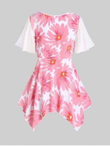 Plus Size Floral Buttoned Handkerchief Hem Chiffon Butterfly Sleeve Top