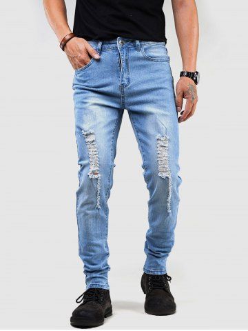 Ripped Bleach Wash Jeans - BLUE - 32