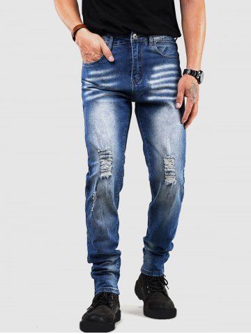 Distressed Straight Leg Jeans - BLUE - 32