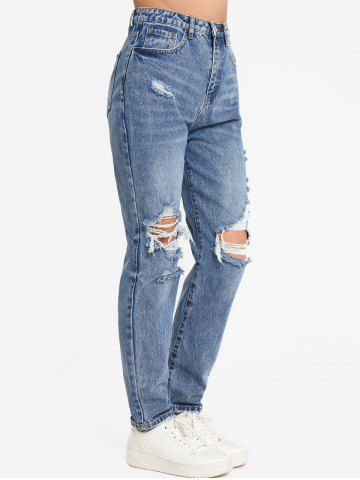Zipper Fly High Waisted Pockets Straight Leg Distressed Long Ripped Jeans - DEEP BLUE - L
