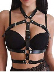 Punk Faux Leather Rings Harness Buckle Bra Body Chain -  